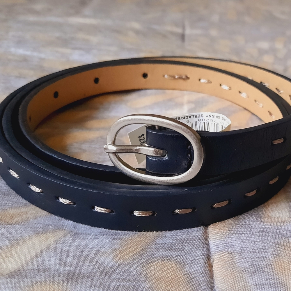 New black/brown stitched skinny leather belt size XL.